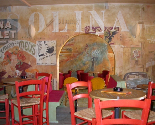 Grande fresque peinte sur le thème de l'Amérique du sud - L'Iguana Café / France - Alain Grand Peintre décorateur